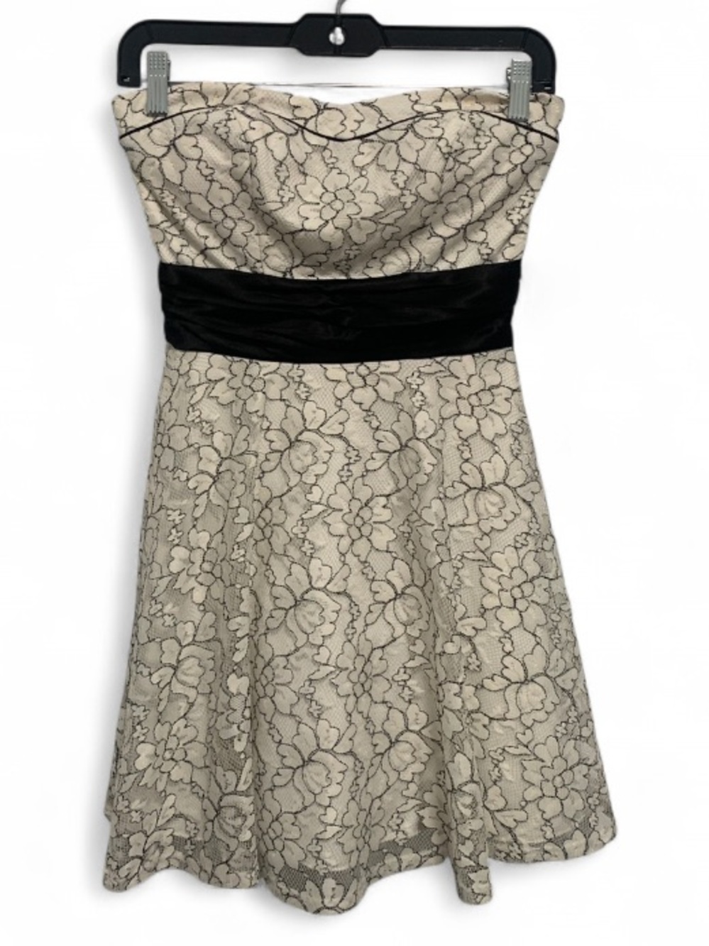 Y2K Speechless Strapless Ivory Lace Fit-and-Flare Dress with Black Waistband